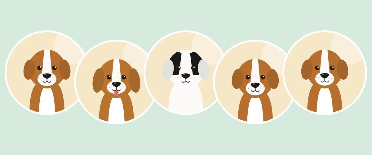 Ajavat ja jäljestävät koirat: suomen ajokoira, beagle, haldeninajokoira, hamiltoninajokoira ja hygeninajokoira (piirroskuva)