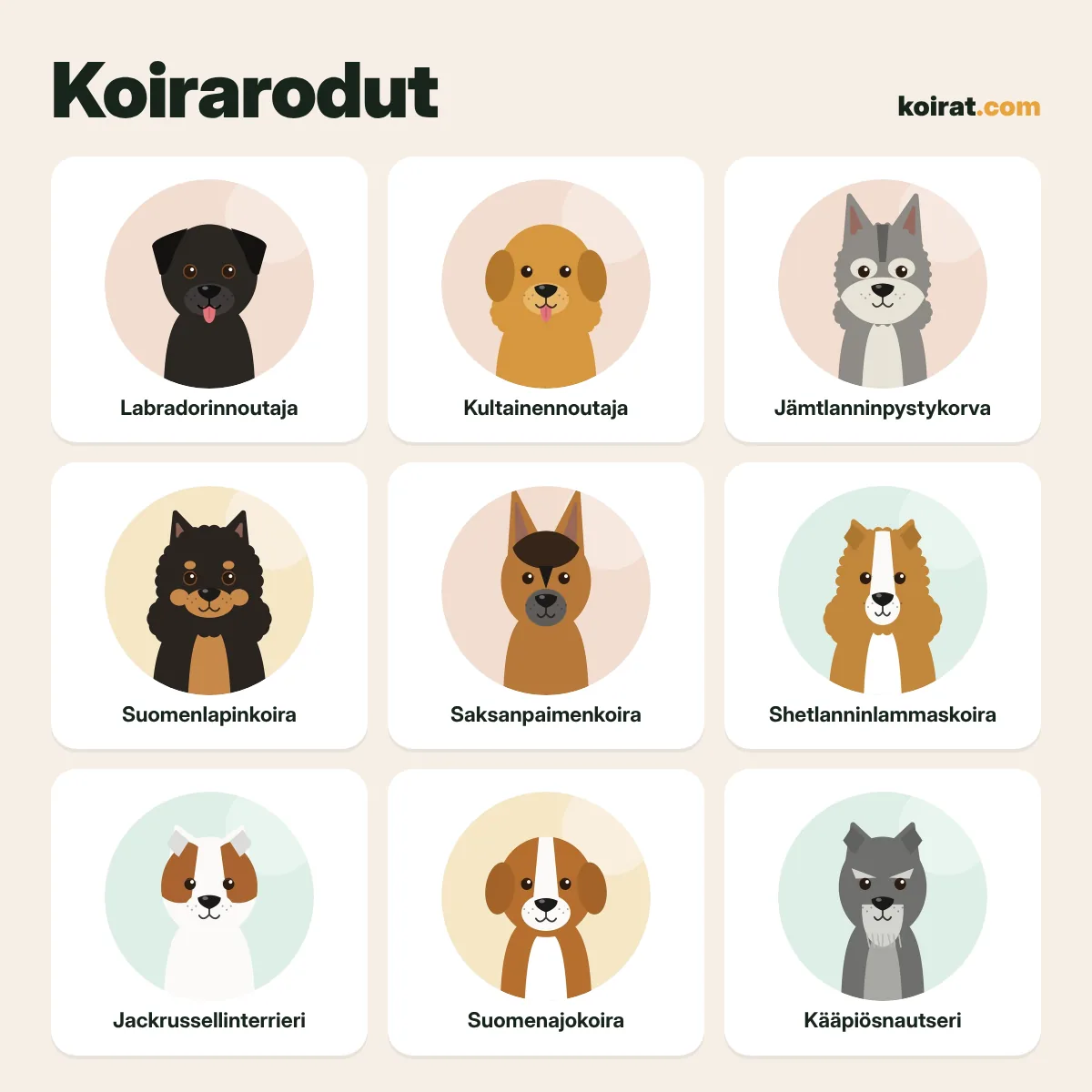 Koirarodut kuvat Koirarodut kuvina: Labradorinnoutaja, kultainennoutaja, jämtlanninpystykorva, suomenlapinkoira, saksanpaimenkoira, shetlanninlammaskoira, jackrussellinterrieri, suomenajokoira, kääpiösnautseri (piirroskuvat)