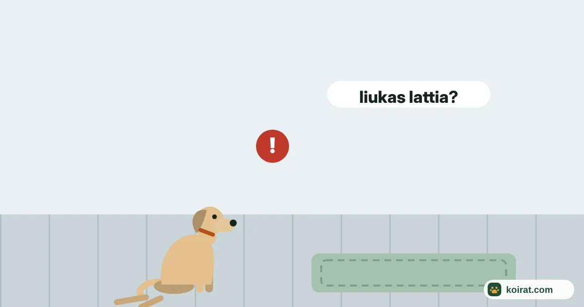 Piirroskuva: nuori koira istuu liukkaalla lattialla takajalat levällään